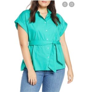 J. Crew Button Front Tie Waist Cotton Poplin Top